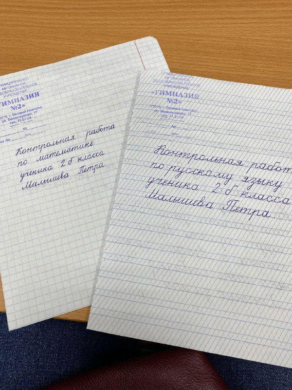 Разворот тетрадей с рукописными заметками и пометками; видны строки школьных работ и подписи, фотоснимок сделан вблизи.