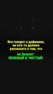 Тёмный вертикальный кадр с яркими жёлтыми и зелёными буквами на чёрном фоне: надпись о дофамине и его «ложном» и «чистом» проявлениях.