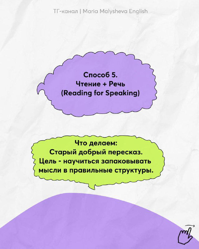 Слайд 5: «Чтение + Речь (Reading for Speaking)» — пересказ прочитанного вслух, тренировка построения мыслей в структурах для разговора.