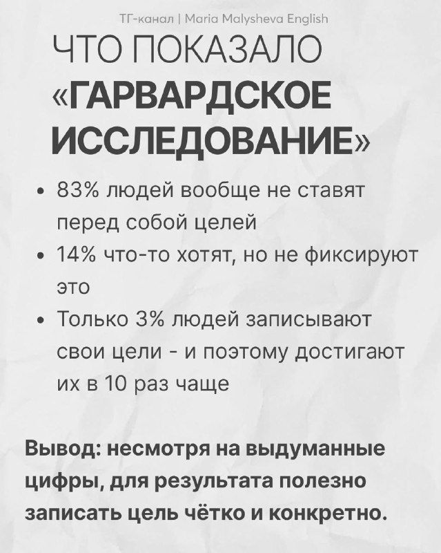 Инфографика со статистикой: проценты людей, ставящих цели, и вывод о том, что записи целей повышают вероятность их достижения.