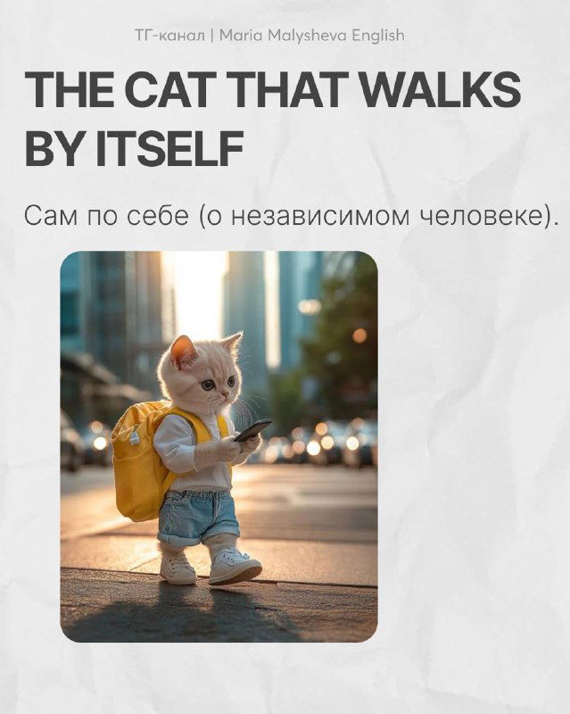 Белый кот в рюкзаке, стоящий на задних лапах на фоне улицы — AI‑генерированная картинка для ассоциации с выражениями про самостоятельность.