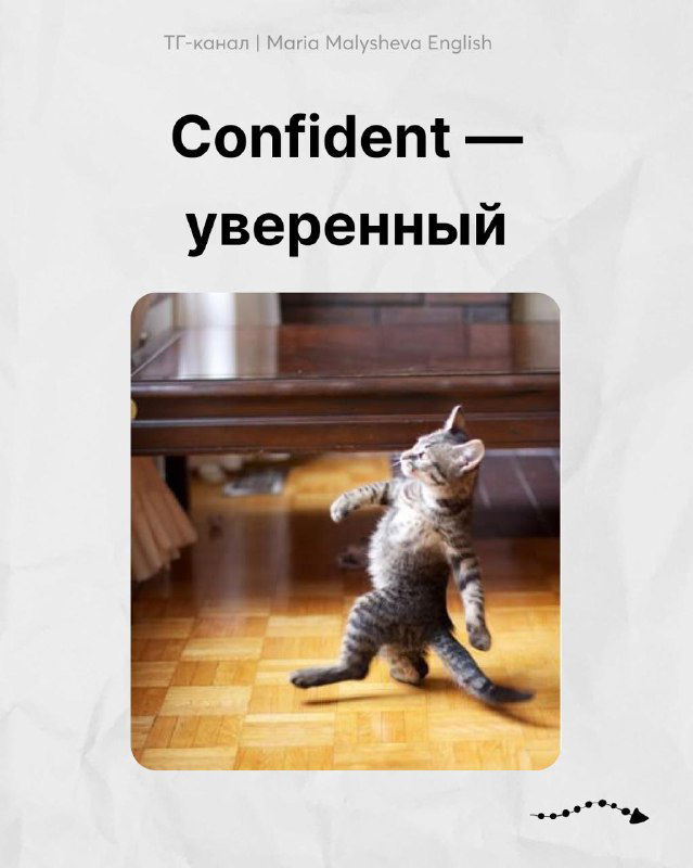 Кот в позе уверенной походки на полупустом паркете; карточка «Confident — уверенный» для визуального словаря.