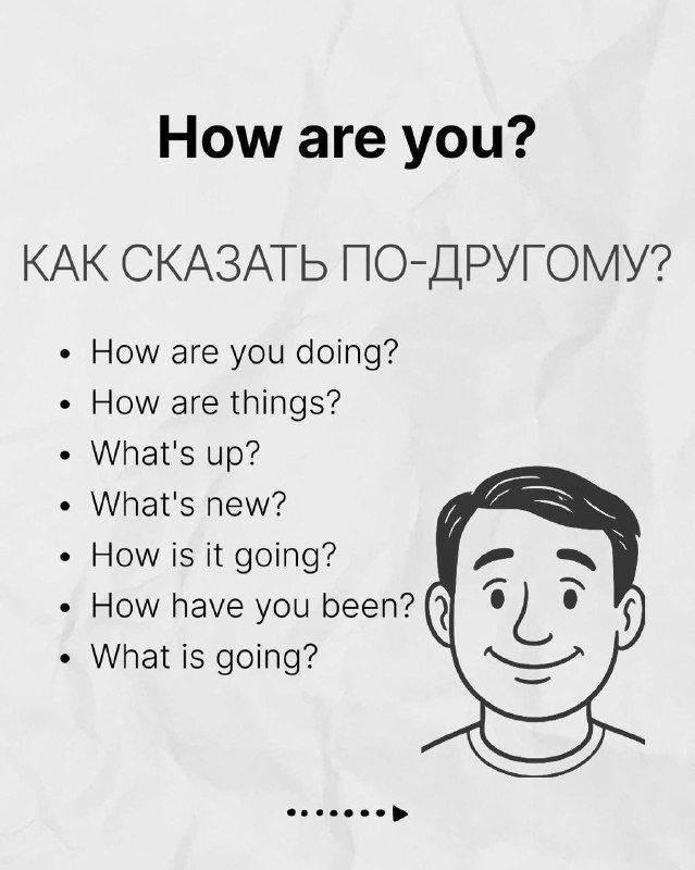 Карточка с заголовком «How are you?» и перечнем естественных альтернатив: разговорные и нейтральные варианты приветствия в английском.