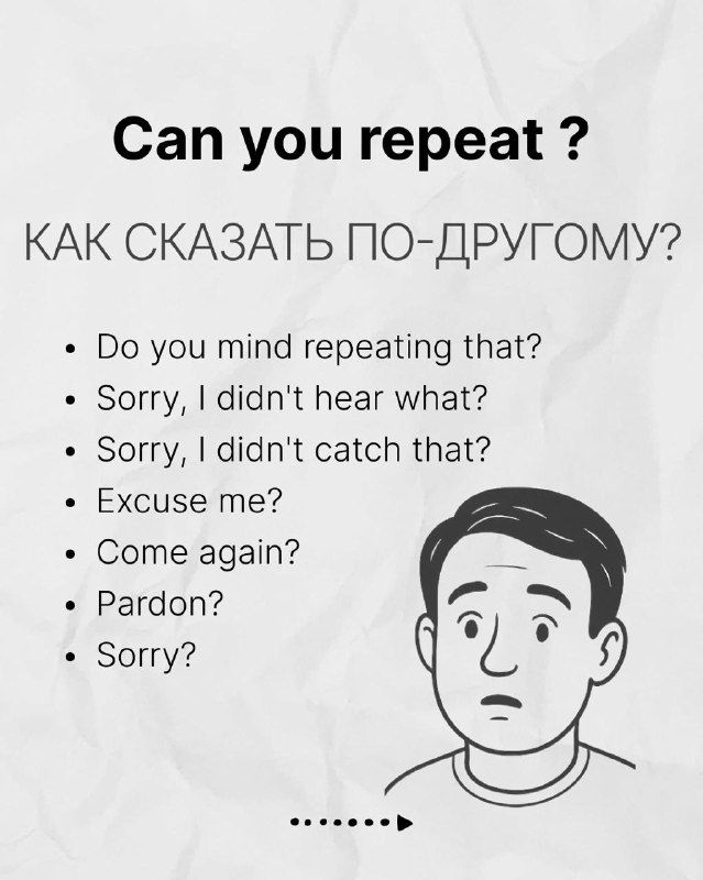 Карточка с заголовком «Can you repeat ?» и списком вежливых вариантов просьбы повторить; персонаж выглядит удивлённым — контекст диалога.