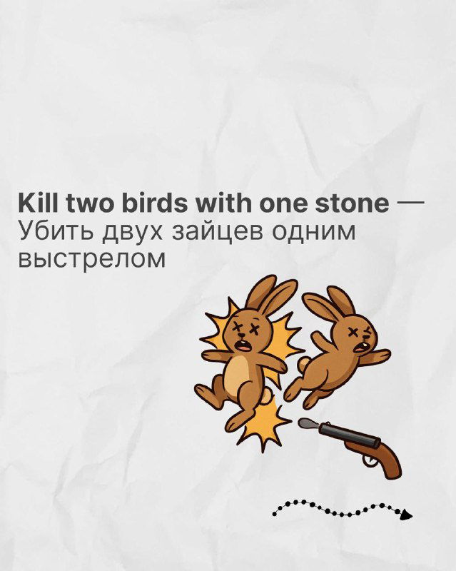 Карточка с идиомой «Kill two birds with one stone» и русским переводом; мультяшная иллюстрация двух животных и предмета, на бумажном фоне для обучения.