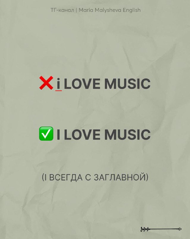 Плакат с примером заглавной буквы: крестик на «i LOVE MUSIC» и галочка на «I LOVE MUSIC», заметка о необходимости заглавной I.