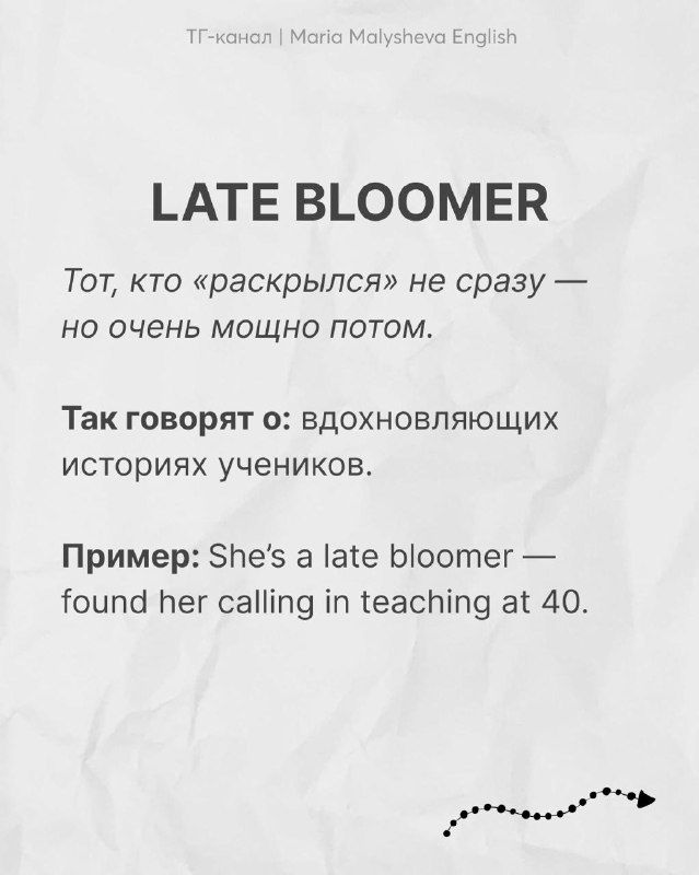 Карточка с английским словом LATE BLOOMER: заголовок, русское объяснение про тех, кто раскрывается позже, и пример предложения на английском.