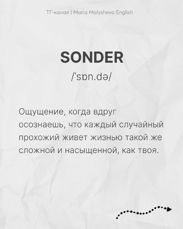 Карточка с английским словом SONDER, транскрипцией и русским объяснением — осознание, что у каждого случайного прохожего сложная насыщенная жизнь.