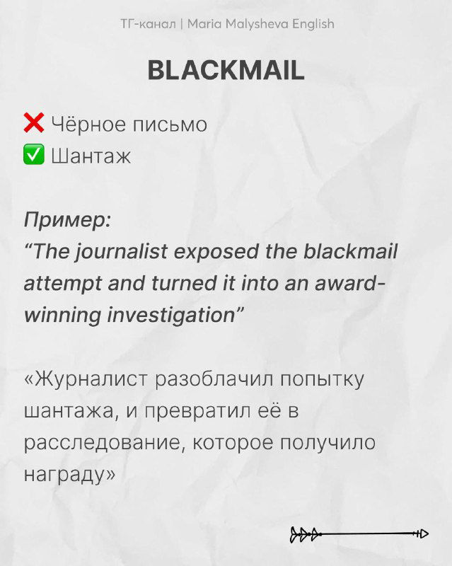 Слайд «BLACKMAIL» с пометками о неверном переводе 'чёрное письмо' и правильном значении 'шантаж', приведён пример и перевод.