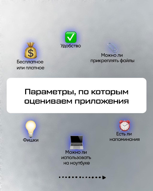 Слайд с иконками критериев оценки приложений: бесплатность, удобство, прикрепление файлов и напоминания на иллюстрированном фоне.