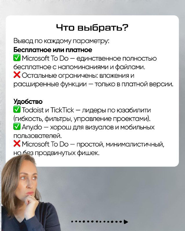 Слайд «Что выбрать?» с выводом по параметрам: бесплатность, удобство, работа на ноутбуке, прикрепление файлов и напоминания.