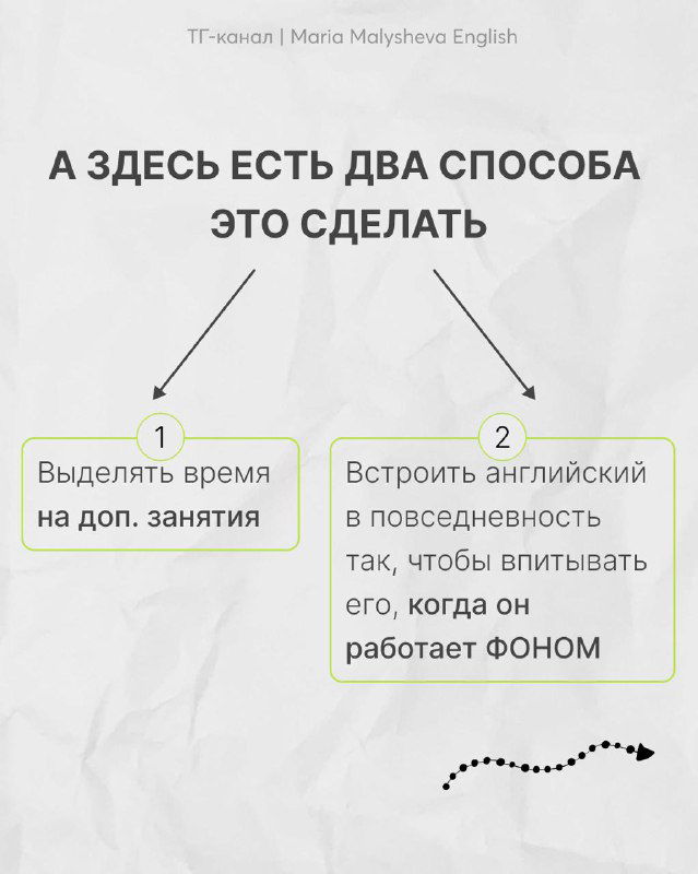 Схематичный слайд с двумя способами интеграции языка: выделять время на доп. занятия и встраивать английский в повседневность — стрелки и пояснения.