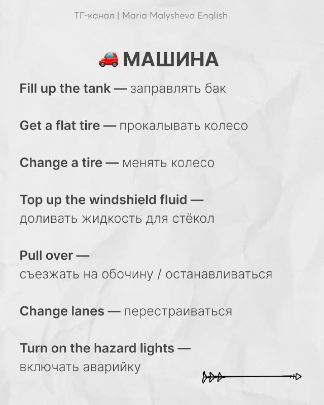 Слайд «Машина» — автомобильная лексика: fill up the tank, get a flat tire, change a tire и переводы; иконка машины и чистый дизайн.