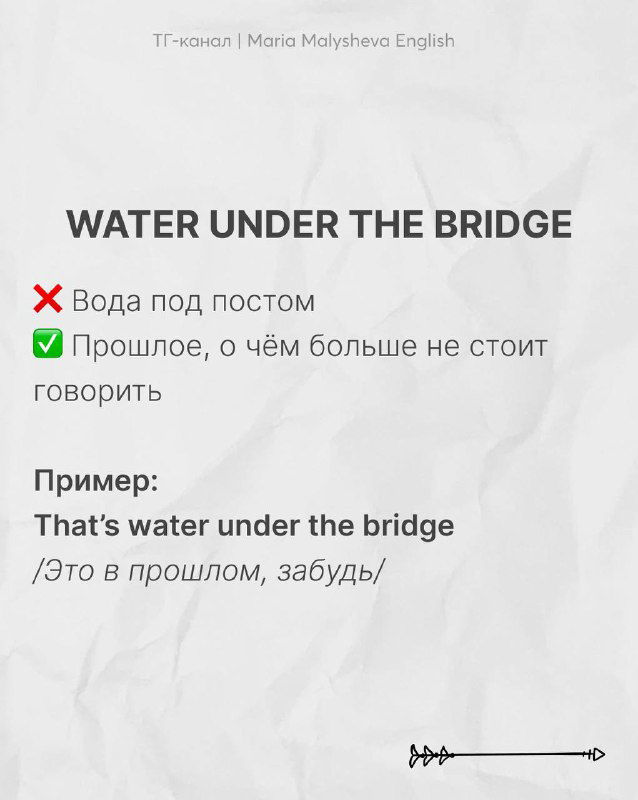 Слайд с выражением «WATER UNDER THE BRIDGE»: показано буквальное и идиоматическое значение, галочки и пример с переводом на русский для контекста.