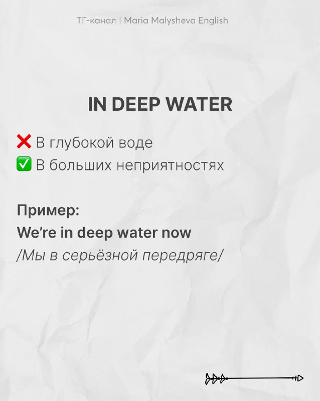 Слайд с выражением «IN DEEP WATER»: пояснение, что это значит большие неприятности; приведён пример на английском и русский перевод для учащихся.
