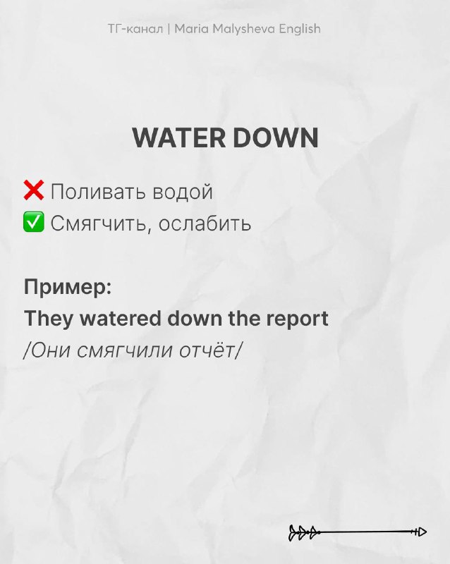 Слайд с выражением «WATER DOWN»: объяснение как смягчить или ослабить, пример употребления и русский перевод для лучшего понимания.