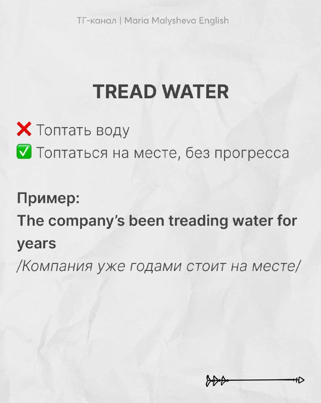 Слайд с выражением «TREAD WATER»: объяснение значения «топтаться на месте, без прогресса», пример и перевод, оформлено в стиле обучающих карточек.