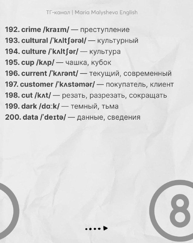 Страница со словами 192–200, включающая важные общеупотребительные английские слова с транскрипцией и русскими значениями.