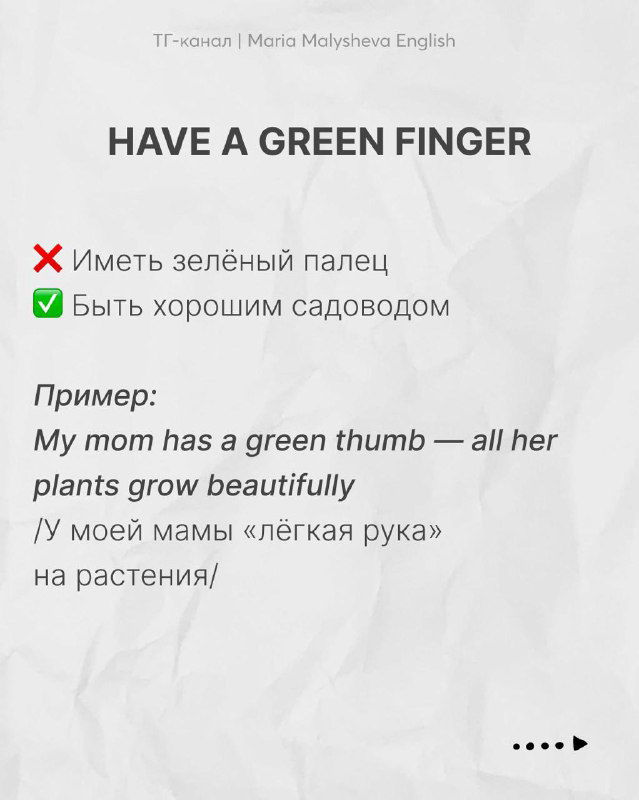 Слайд: выражение «HAVE A GREEN FINGER» с разъяснением значений и примером на английском и переводом на русский в учебном оформлении.