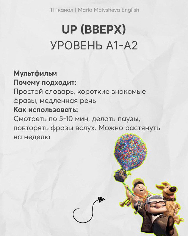 Слайд инфографики: рекомендация мультфильма «Up (Вверх)» уровень A1–A2, почему подходит и как использовать (паузы, повторение фраз вслух).