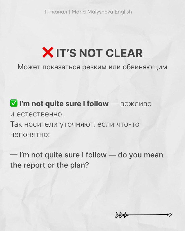 Слайд с фразой "It’s not clear" и более мягкой альтернативой «I’m not quite sure I follow», с пояснением носительского стиля.