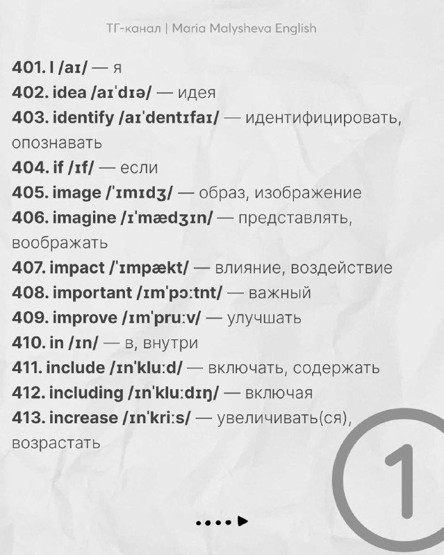 Слайд со словами 401–410: перечисление лексики с транскрипцией и переводом (idea, identify, image, improve и др.) в компактном списке.