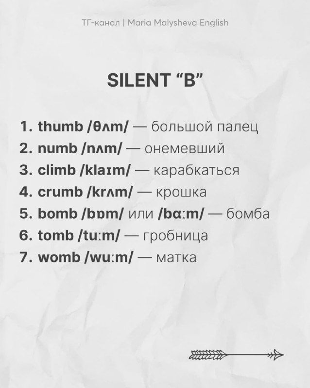 Слайд «SILENT B»: список thumb, numb, climb, crumb и прочих с транскрипцией и переводом на нейтральном фоне