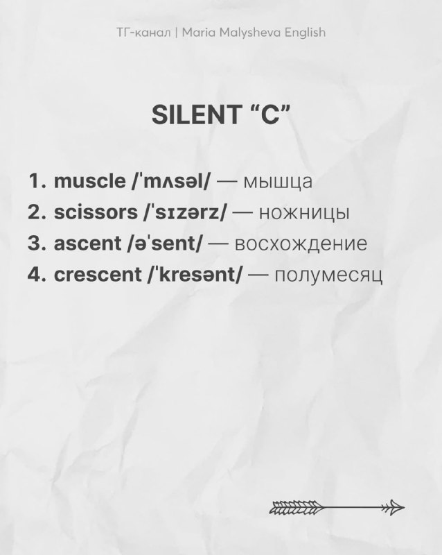 Слайд «SILENT C»: примеры muscle, scissors, ascent, crescent с транскрипциями и объяснением молчащей c на фоне листа бумаги