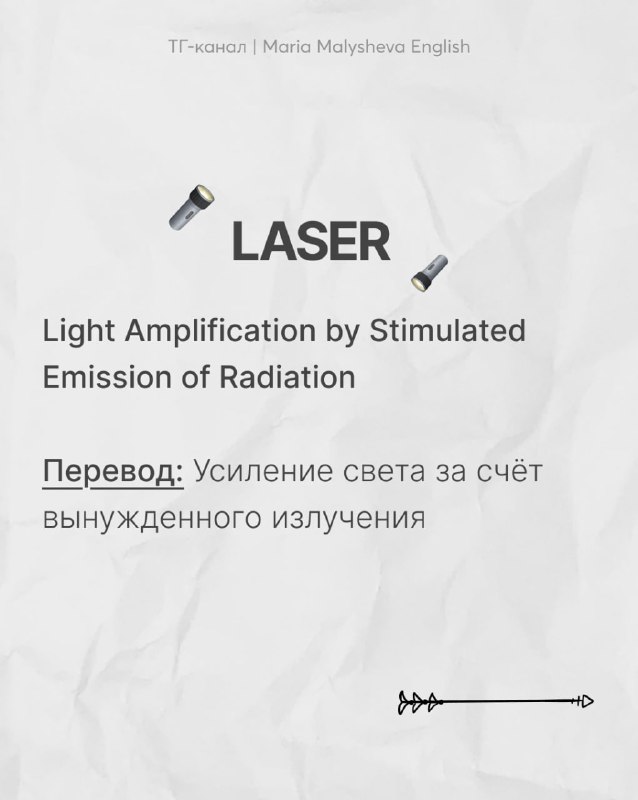 Слайд LASER: видна фраза Light Amplification by Stimulated Emission of Radiation и перевод «усиление света за счёт вынужденного излучения», простой дизайн.