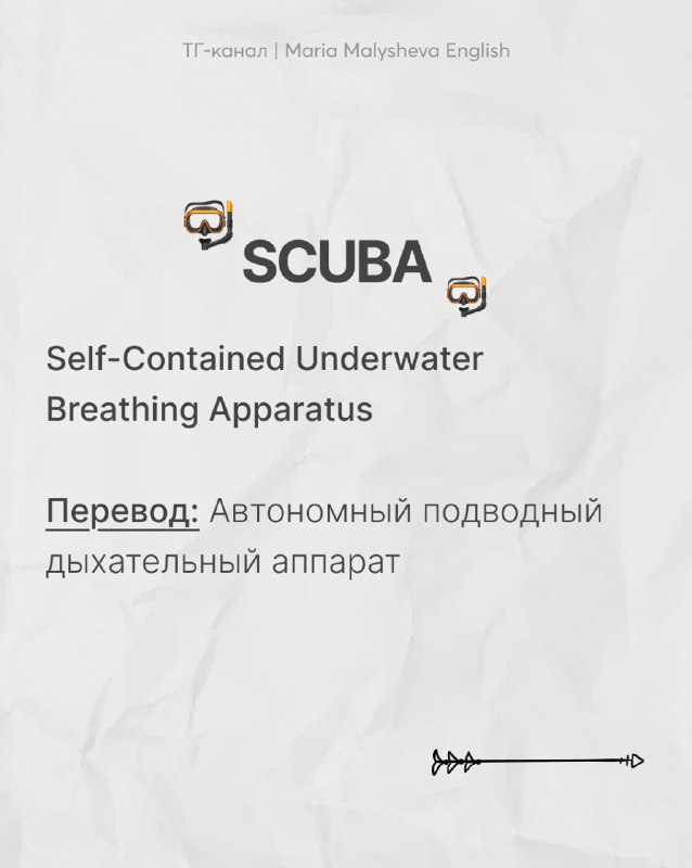 Слайд SCUBA: указано Self-Contained Underwater Breathing Apparatus и перевод «автономный подводный дыхательный аппарат», инфографика иконкой.