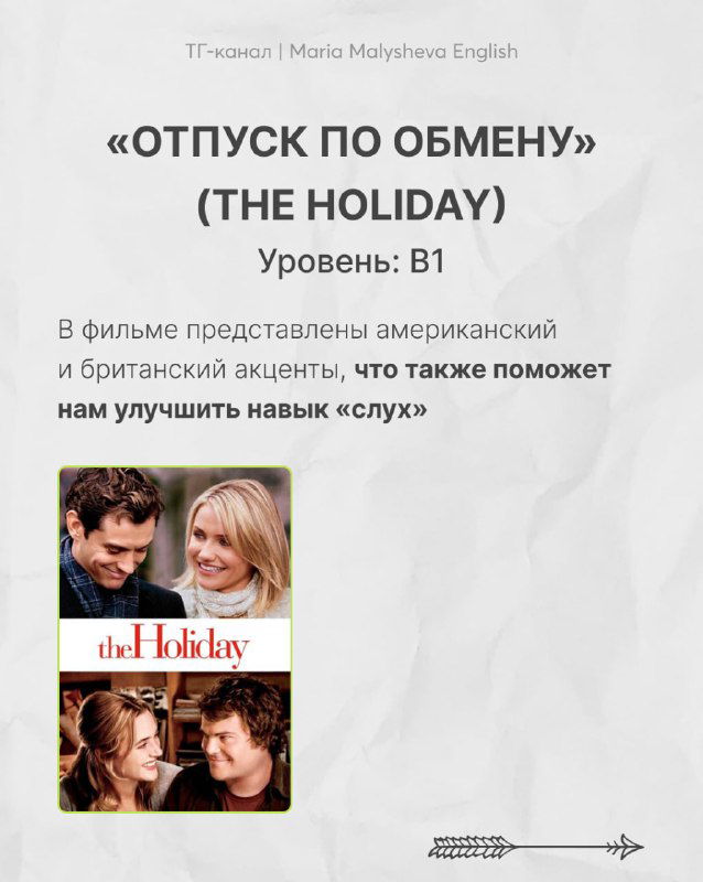 Слайд с описанием фильма «Отпуск по обмену» (The Holiday): название, оценка уровня B1 и коллаж из кадров с актёрами, помогающий улучшать восприятие акцентов.