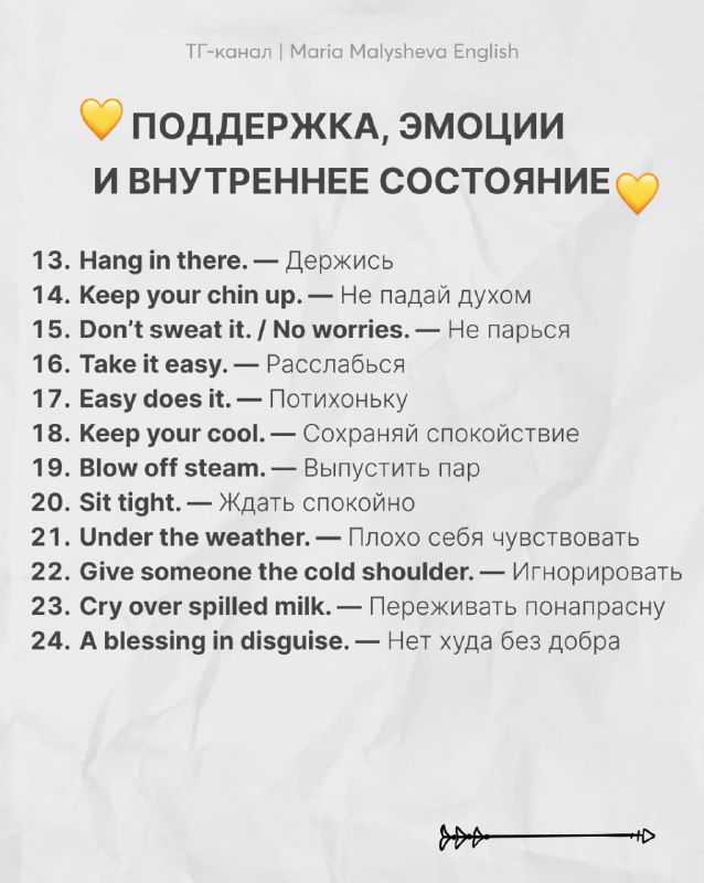 Слайд «Поддержка, эмоции и внутреннее состояние»: подборка фраз на английском с переводом, эмодзи сердце, аккуратный декоративный фон и выделения для примеров.