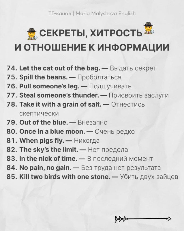 Слайд «Секреты, хитрость и отношение к информации»: идиомы и выражения о хитрости и скептицизме, английские примеры с переводами, декоративные иконки.