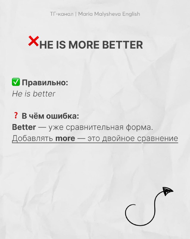 Слайд с ошибкой «HE IS MORE BETTER», показан правильный вариант «He is better» и объяснение сравнительной формы better — обучающая карточка по грамматике.