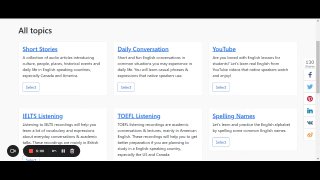 Скриншот интерфейса сайта DailyDictation: сетка упражнений — Short Stories, Daily Conversation, YouTube, IELTS, TOEFL и тренировка имён и чисел.