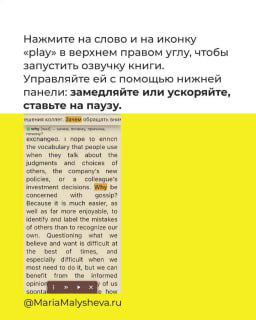 Инструкция в приложении: как запустить озвучку книги через иконку «play» в верхнем правом углу, управление скоростью и паузой на нижней панели.