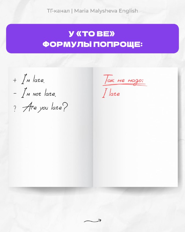 Информативный слайд с простыми формулами для конструкции с to be и примерами 'I'm here / I'm not here / Are you late?'