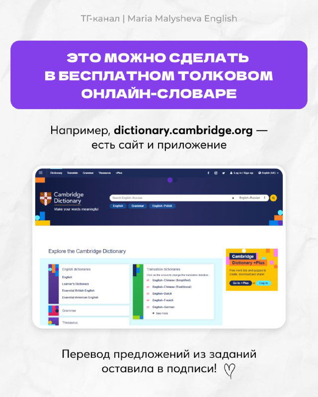 Слайд с подсказкой: использование бесплатного толкового онлайн-словаря (например, Cambridge Dictionary) и скриншот сайта внизу