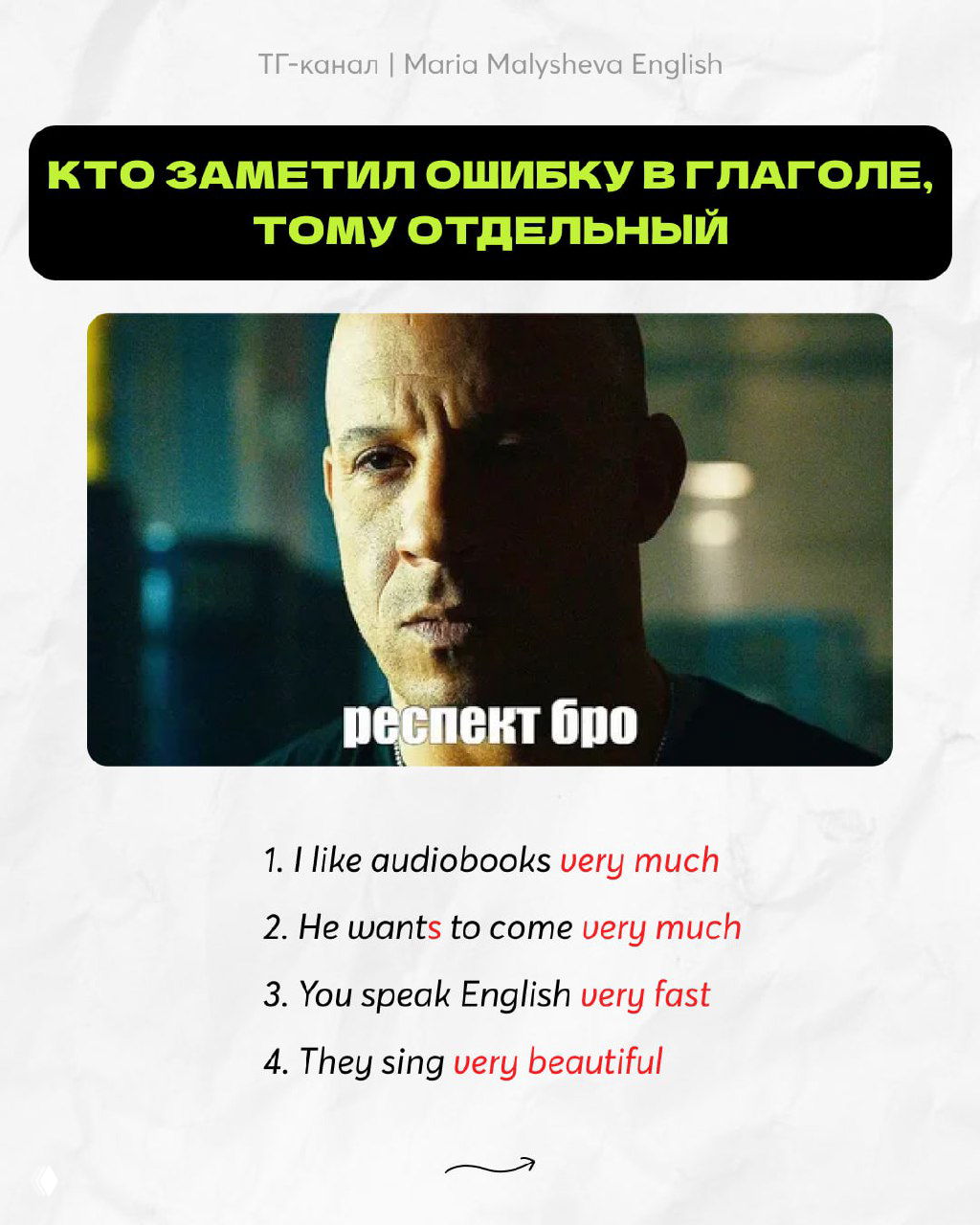 Мем и ответы: изображение и исправленные варианты предложений с отметкой правильного расположения very в ответах.