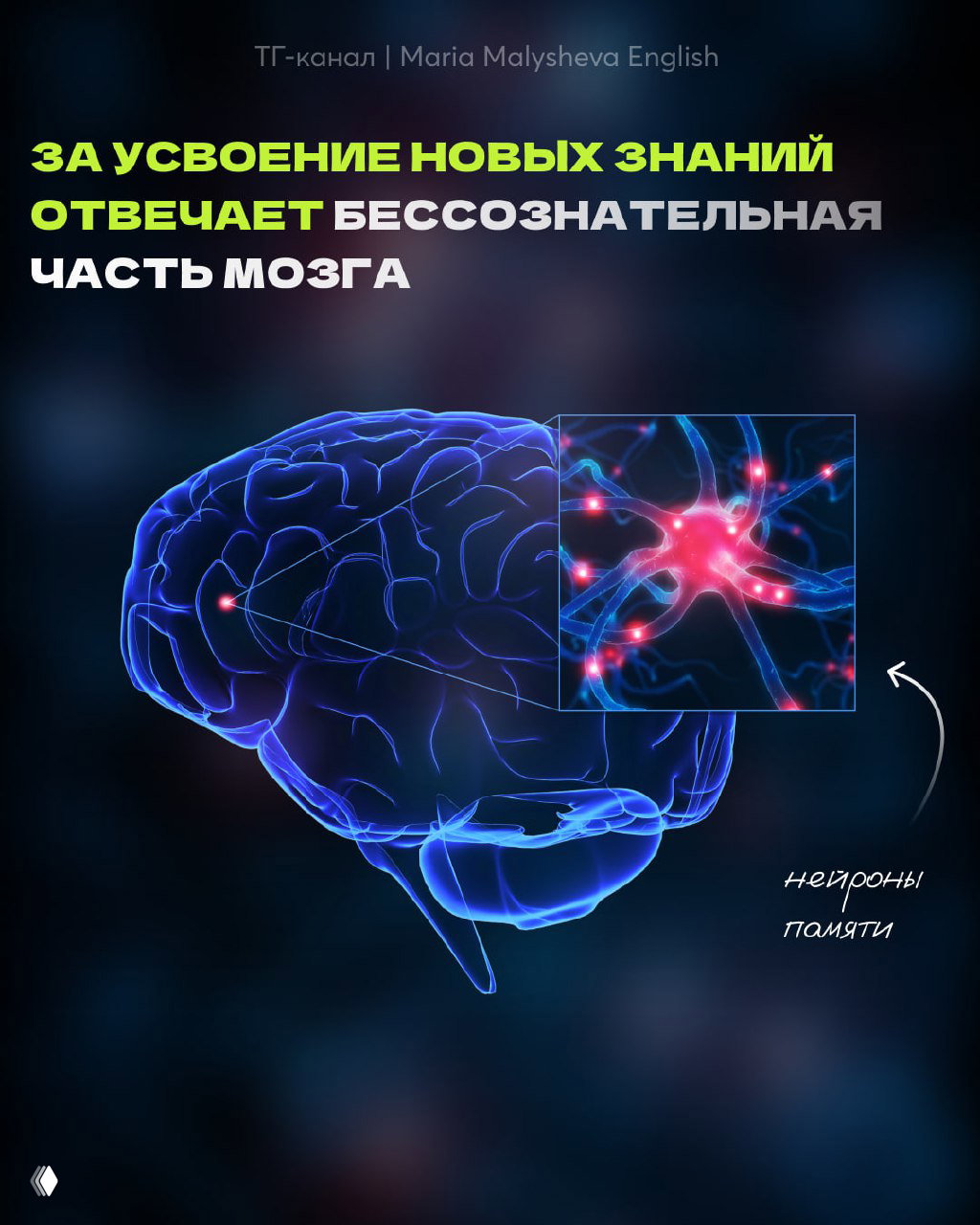Схематическое изображение мозга в синем свете с выделенными нейронами и подписью о бессознательной части, отвечающей за усвоение знаний.