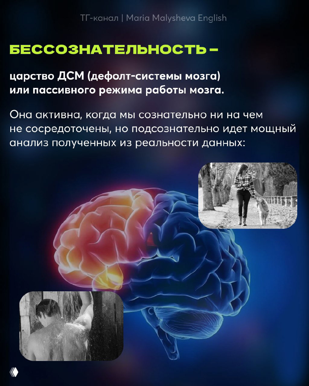 Диаграмма и текст о дефолт-системе мозга (ДСМ) на фоне изображения мозга и небольших чёрно-белых иллюстраций повседневных действий.