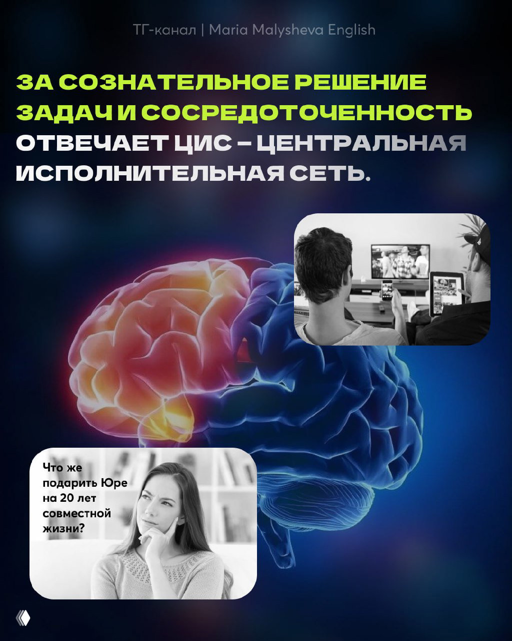 Инфографика про центральную исполнительную сеть (ЦИС) с изображением человека, сосредоточенного на экране, и подсказкой про сознательное решение задач.