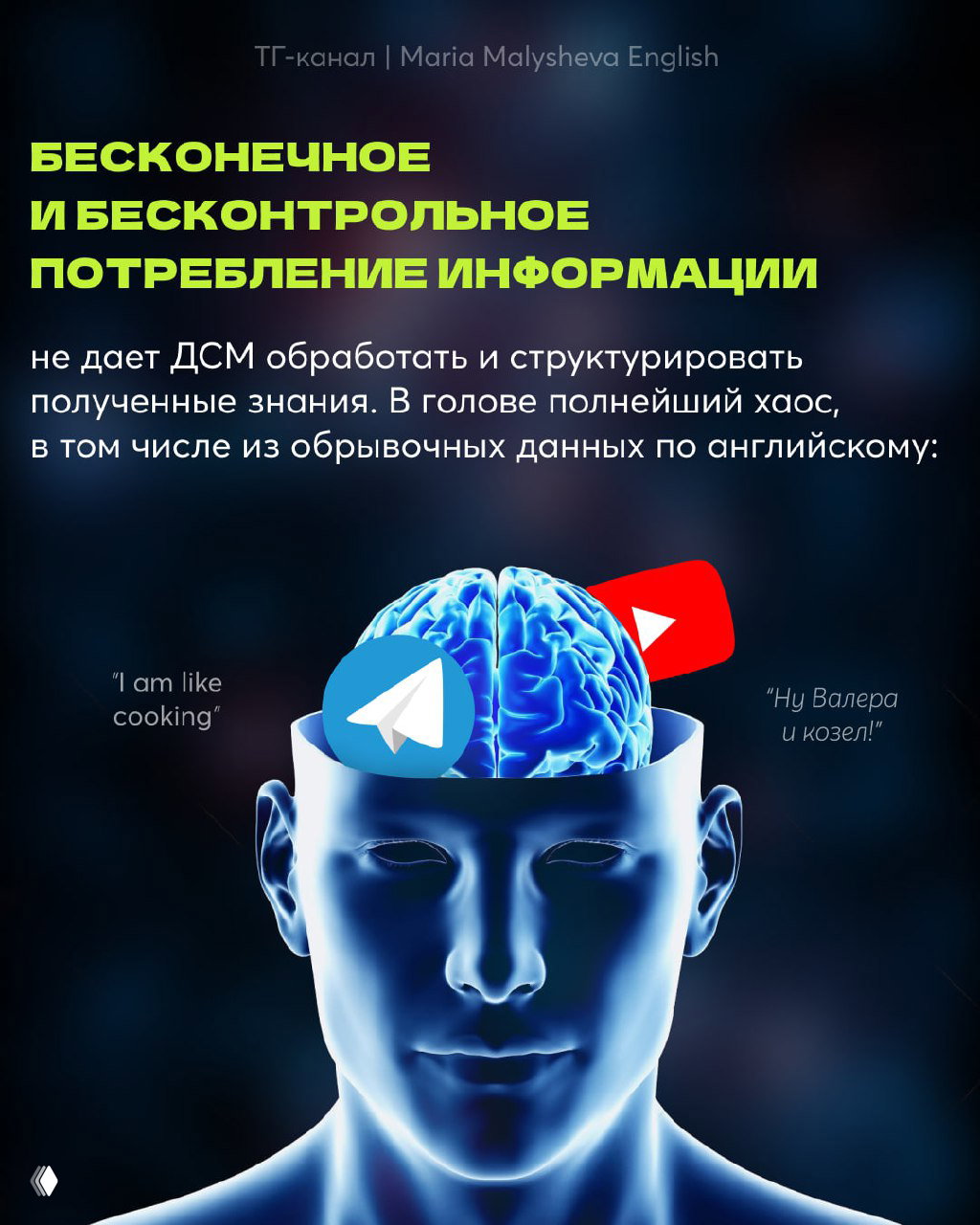 Иллюстрация головы с голубым мозгом и иконками Telegram и YouTube, символизирующая бесконтрольное потребление информации и хаос в голове.
