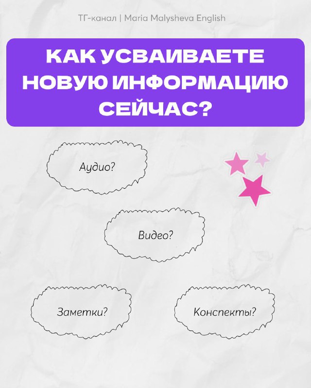 Слайд с вопросом «Как усваиваете новую информацию сейчас?» и вариантами: аудио, видео, заметки, кинестетик — стилизованная инфографика.