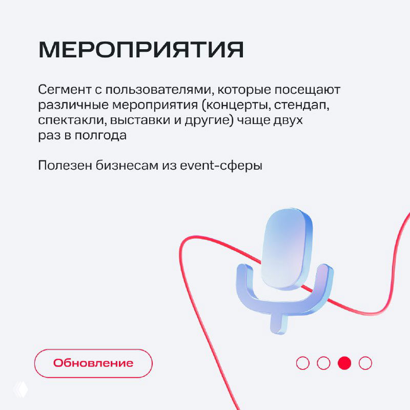 Слайд «Мероприятия»: сегмент пользователей, посещающих концерты, выставки и другие события; изображение с микрофоном и лаконичная верстка.