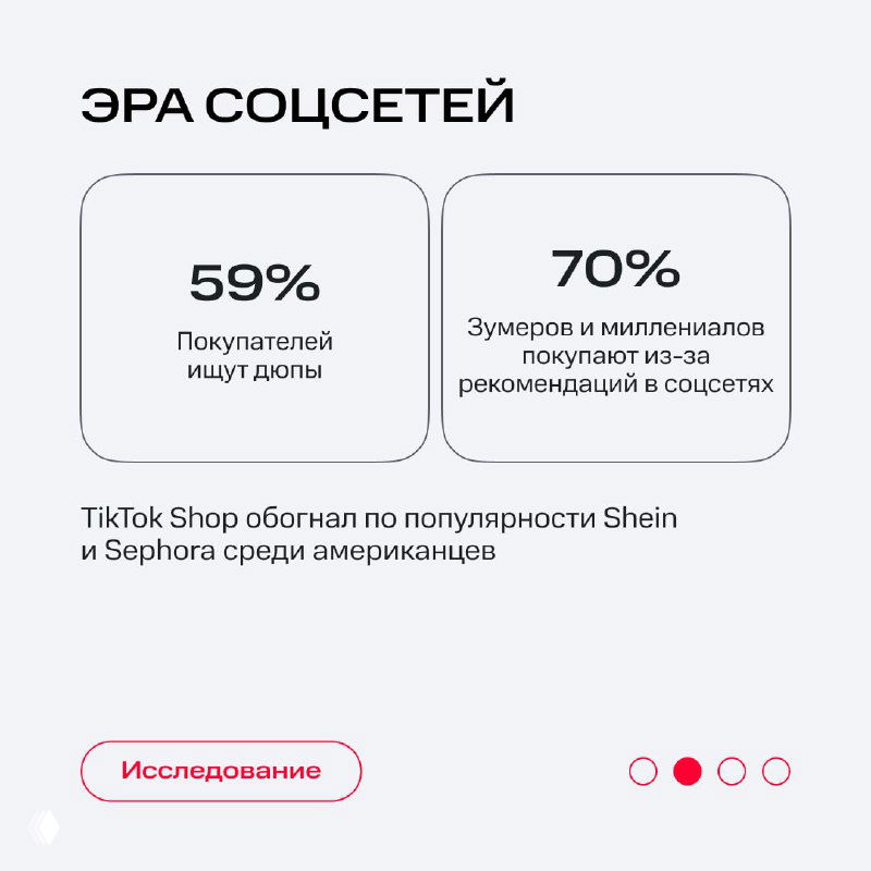 Слайд «Эра соцсетей»: инфографика с показателями 59% и 70%, упоминанием TikTok Shop и сравнениями популярности Shein и Sephora в США.
