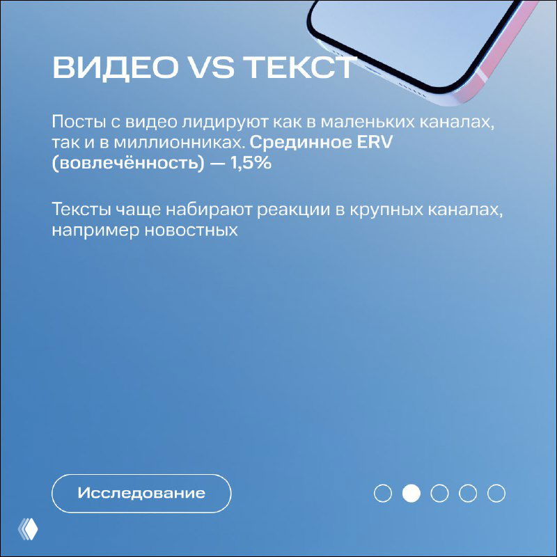 Слайд 'Видео vs текст': тезисы о том, как видео лидируют в малых каналах, а тексты чаще набирают реакции в крупных новостных каналах, текст на синем фоне.