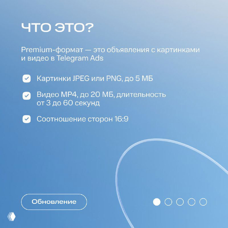 Слайд с описанием: что такое premium‑формат, требования к картинкам JPEG/PNG до 5 МБ и видео MP4 до 20 МБ, длительностью от 3 до 60 секунд