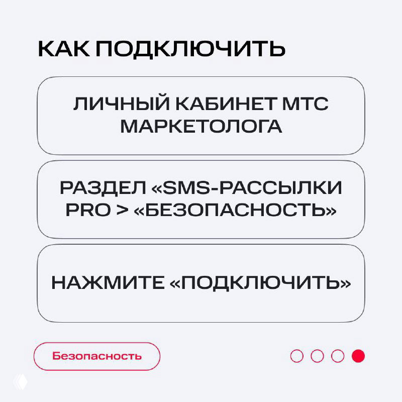 Инструкционный слайд «Как подключить»: шаги — личный кабинет МТС Маркетолога, раздел «SMS‑рассылки Pro» → «Безопасность», нажать «Подключить».