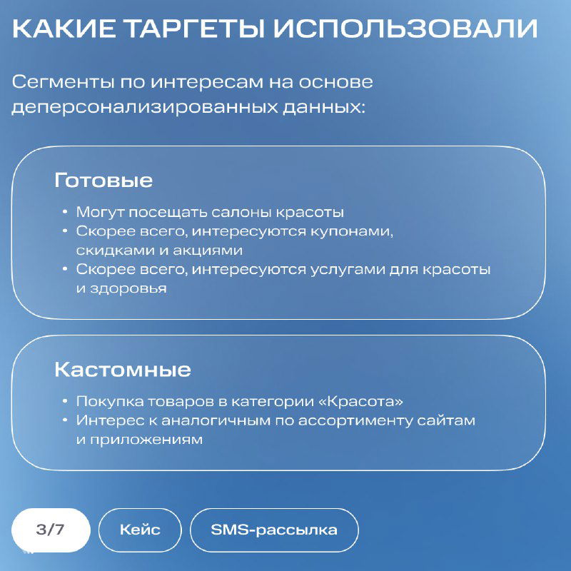 Слайд о сегментах по интересам: блоки «Готовые» и «Кастомные» с перечнем характеристик, ориентированных на покупательские привычки и интересы в косметике.